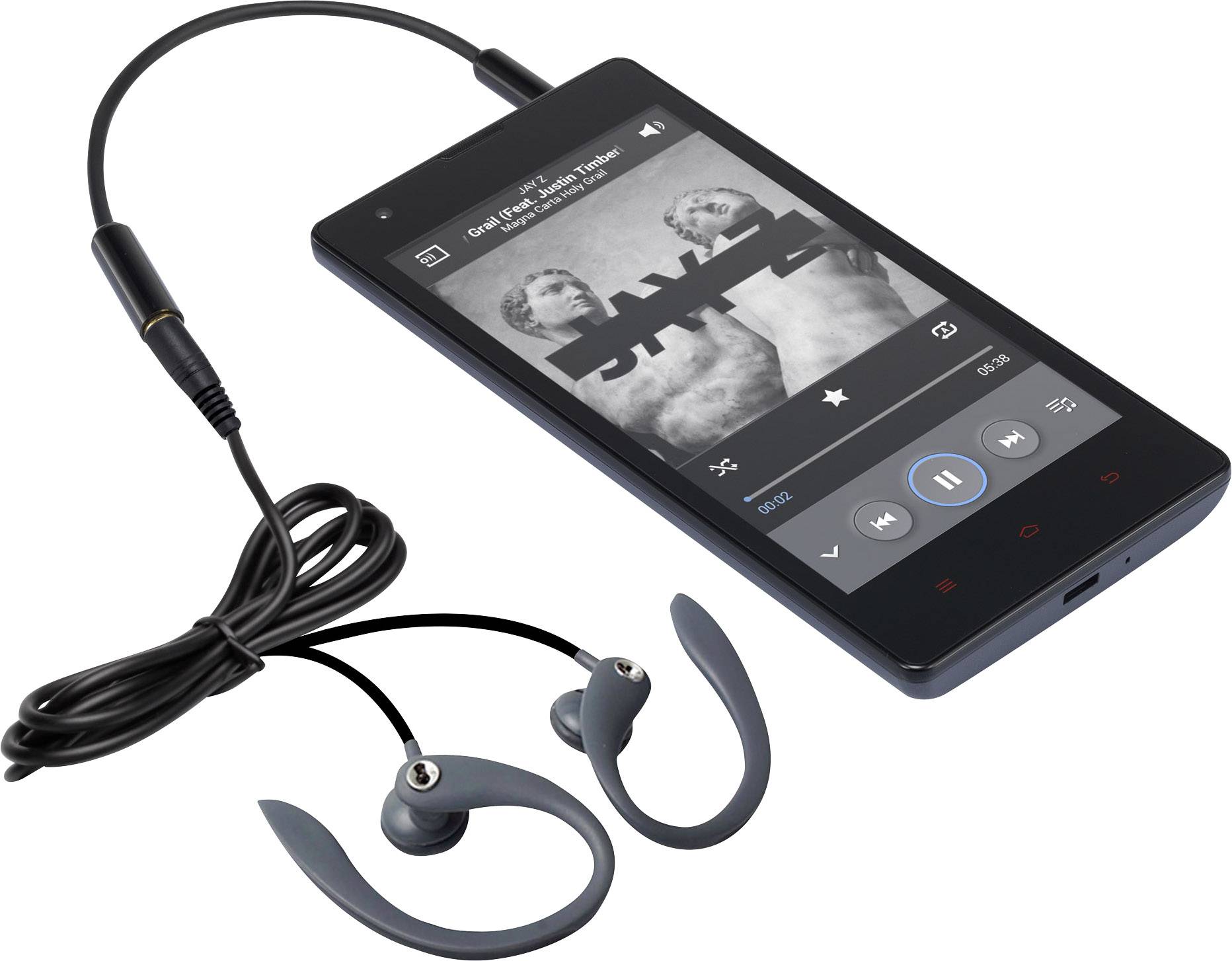 A smartphone is playing a jazz album. Black in-ear headphones are lying beside it.