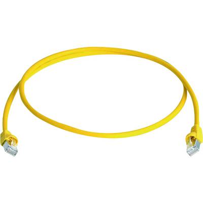 Yellow Ethernet cable with two RJ45 connectors at the ends, commonly used for network connections in computers or routers.