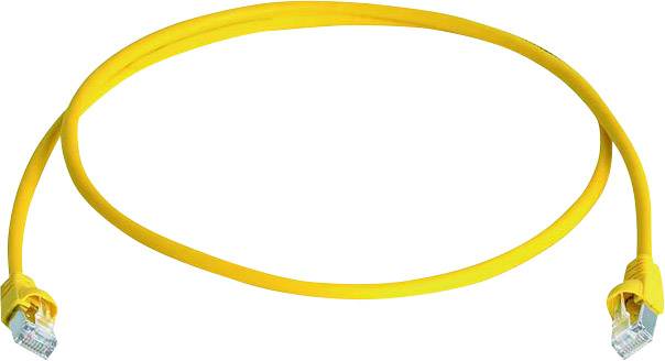 A yellow network cable with RJ-45 connectors at both ends, typically used for connecting network devices.