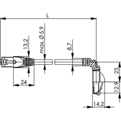 Technical drawing of a 90-degree cable connector. Shows dimensions: 13.2, 8.7, 24, 14.2, 12.9 and max. diameter 5.9.