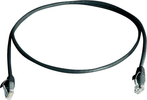 Black Ethernet cable with RJ45 connectors at both ends, shown against a white background.