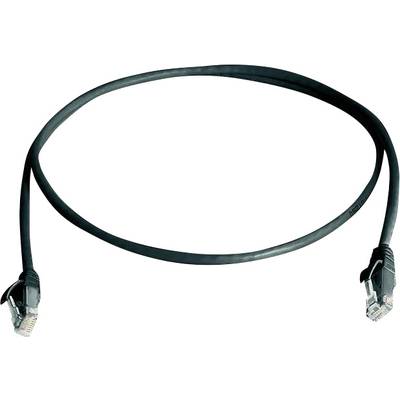 Black Ethernet cable with RJ45 connectors at both ends, shown against a white background.
