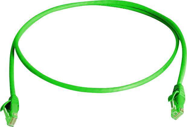 Green Ethernet cable laid in a circle, with two RJ45 connectors at the ends.