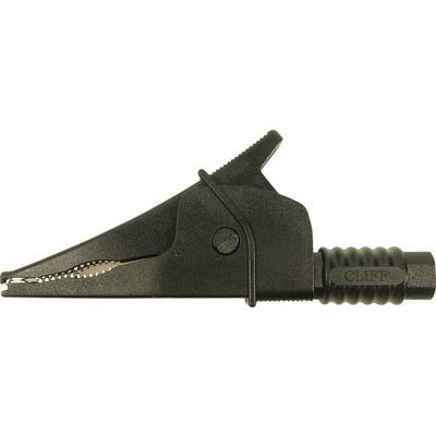 Crocodile clip with serrated jaws, black casing and insulating layer. Suitable for electrical connections and measurements.