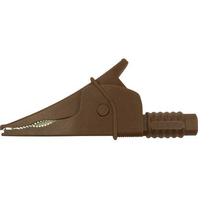 A brown crocodile clip with serrated jaws and a knurled handle for electrical connections.