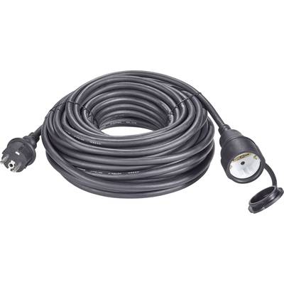 A long, coiled extension lead with a male and female plug, suitable for outdoor use.