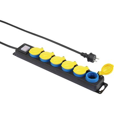 A black power strip with six yellow sockets and a black cable with a plug, all sockets having blue borders.