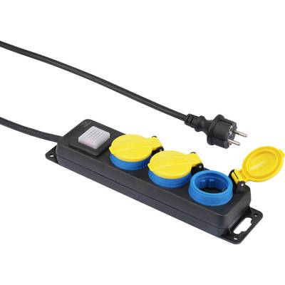 Black multi-socket extension with three yellow socket outlets and a white switch. Suitable for connecting multiple devices.