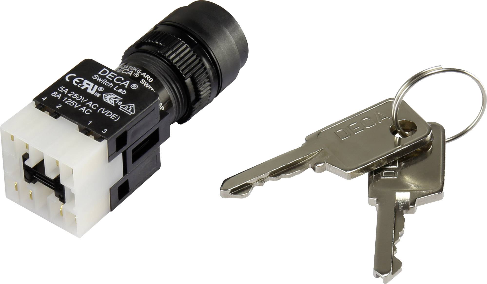 Two-key switch located on the left, suitable for controlling electrical devices, with a black and white casing.