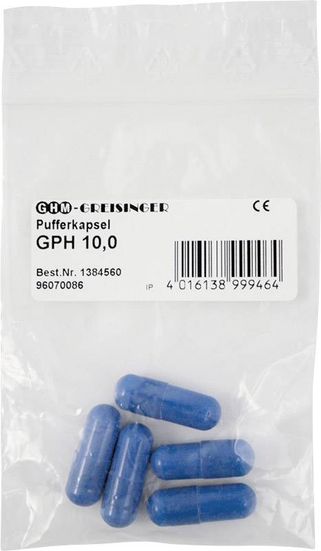 A transparent packaging contains five blue capsules. The label reads 'Buffer Capsule GPH 10.0'.