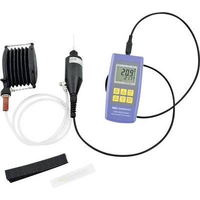 A portable oxygen metre with digital display, sensor, and cable. Shows readings of '20.9' and '21.7', suitable for laboratory analyses.