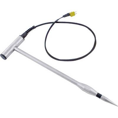 A silver temperature sensor with a long probe and a cable terminating in a yellow plug.