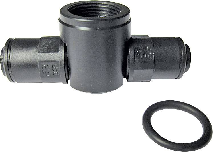 A black plastic T-pipe connector with an additional sealing ring beside it, used for connecting pipes in plumbing installation.