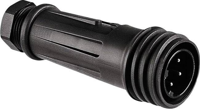 Black, tubular connector with multiple metal pins at one end. Suitable for electrical connections in devices.