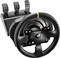A black gaming steering wheel with pedals, suitable for racing games. Features colourful buttons and is manufactured by Thrustmaster.