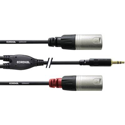 'Audio cable by Cordial, an XLR plug to mini-jack. Black with silver and red connectors, ideal for music equipment.'