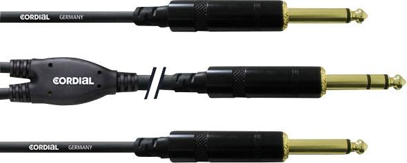 A Cordial audio Y-cable with two jack plugs and a shared socket, primarily in black and gold.