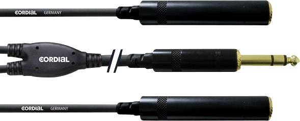 Three audio cables: two jack plugs and a Y-adapter from CORDIAL from Germany, with black cable sheathing and gold contacts.