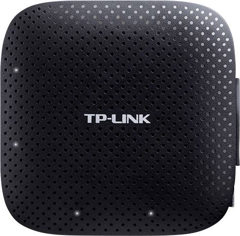 Black TP-Link Wi-Fi repeater with perforated surface to improve Wi-Fi coverage.