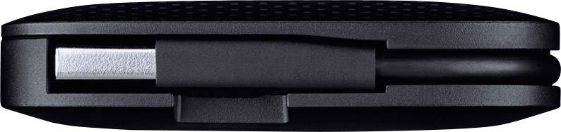 A closed black pocket knife from the side, showing a silver blade partially concealed in its housing.