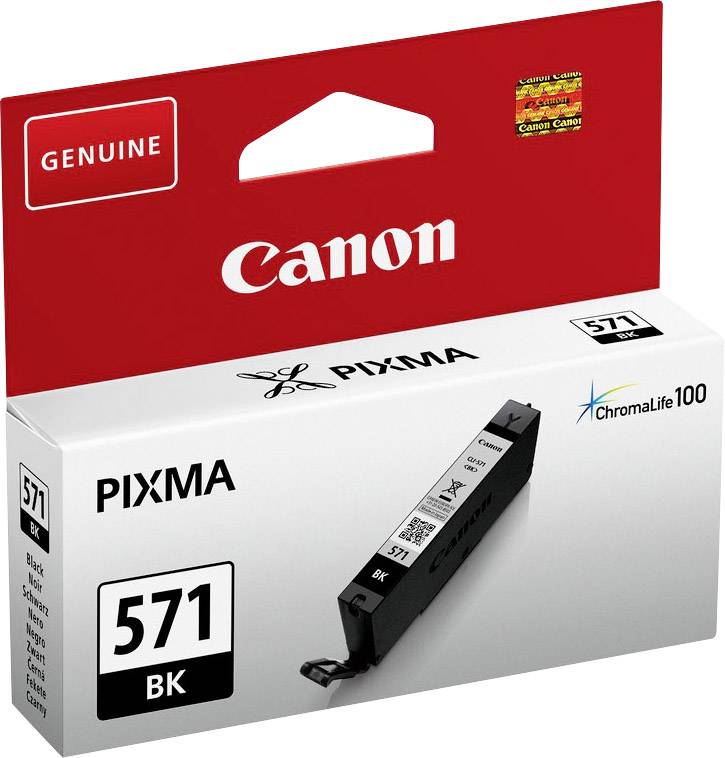 'Canon 571 BK ink cartridge, black, for Canon PIXMA printers, ChromaLife100, original packaging.'