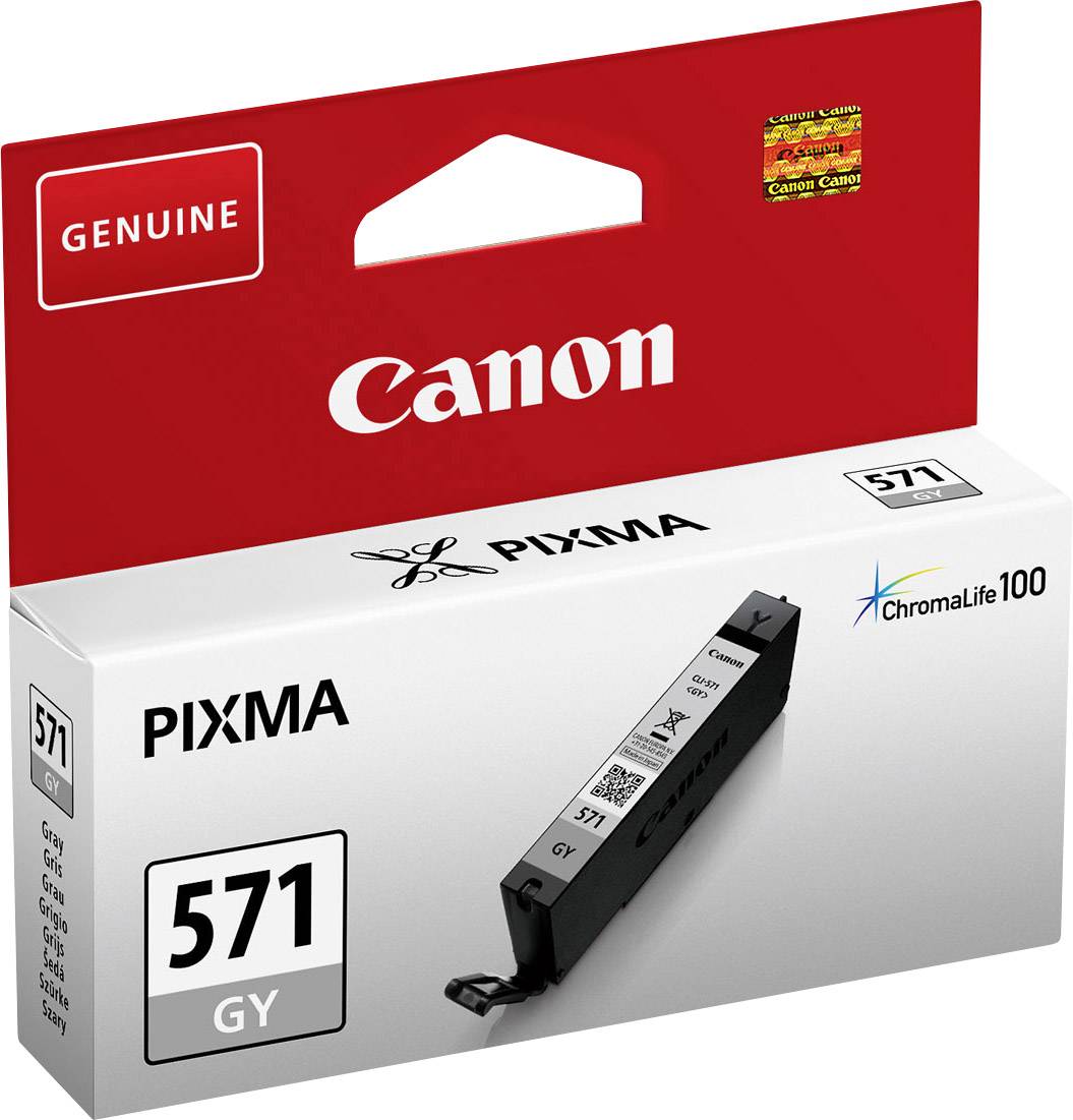 Canon PIXMA Printer Cartridge Model 571 GY in grey ink. Packaged in a box with red Canon logo and ChromaLife100 note.