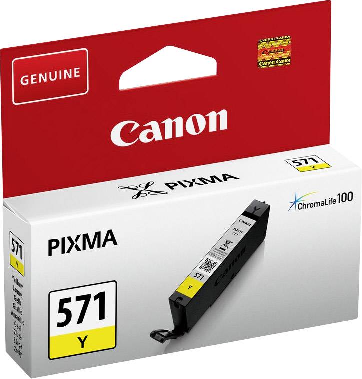 'Canon 571 Y Yellow Ink Cartridge, compatible with ChromaLife100, for Canon Pixma Printers. Original packaging with red design.'