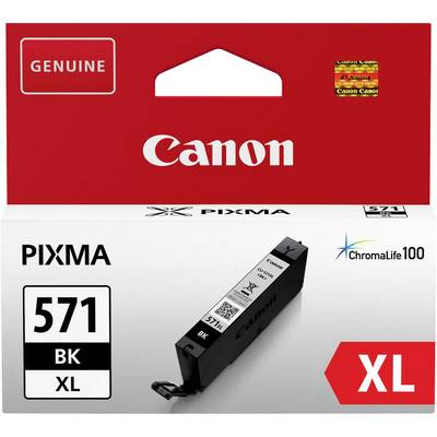 The packaging contains an XL ink cartridge for Canon PIXMA printers, Model 571 BK. It is black and offers ChromaLife100 technology.