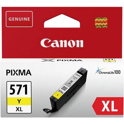 Packaging of a Canon PIXMA 571 Y XL ink cartridge in Yellow, suitable for ChromaLife100 printing, with 'Genuine' and 'XL' text.
