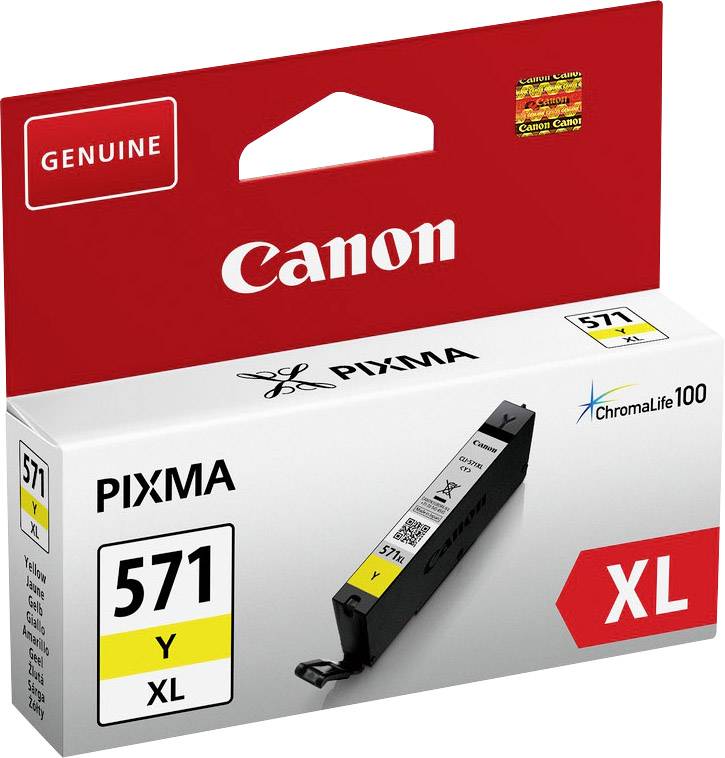 Canon Printer Cartridge 571 XL in Yellow, suitable for PIXMA Printers, ChromaLife 100 Technology for long-lasting prints.