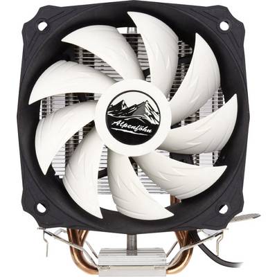 A black and white CPU fan with six white blades, copper heat pipes, and an Alpine motif in the centre.
