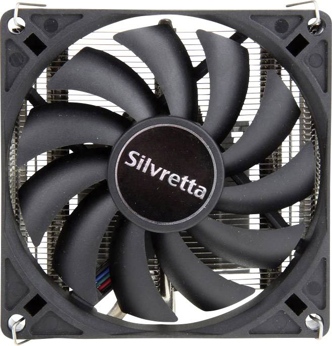 A black computer fan with the inscription 'Silvretta' on its hub, sits in a square frame.