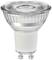 A LED light bulb in a GU10 fitting, suitable for energy-efficient lighting, with clear glass and a faceted design.