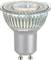 LED spotlight with GU10 base, clear housing, suitable for directional lighting in living or work spaces.