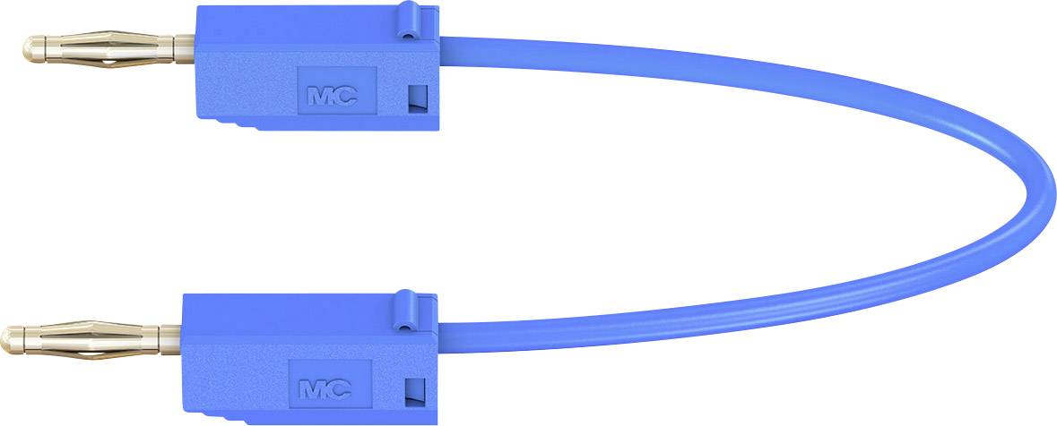 Blue connection cable with two gold-coloured plugs at the ends, used for connecting electronic devices.