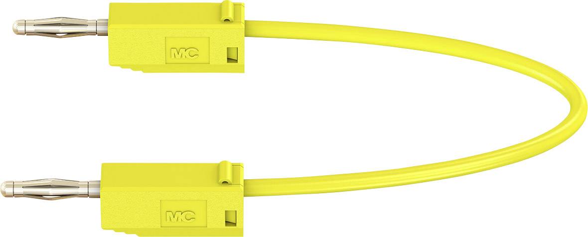 Yellow connecting cable with two identical plug connectors at the ends, used for electrical connections.