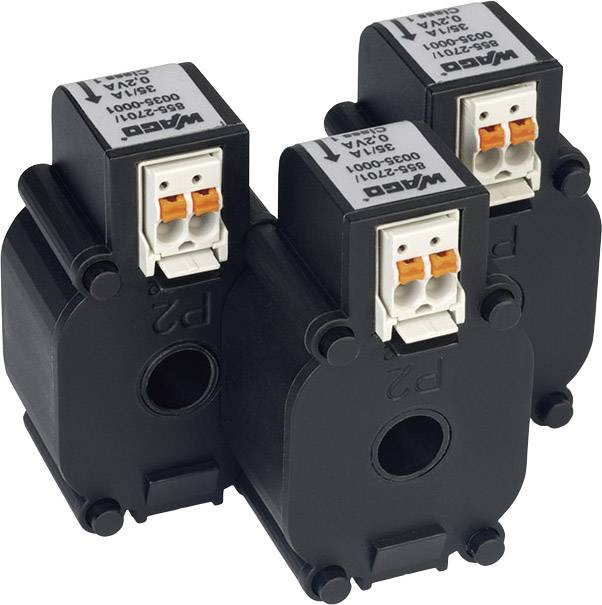 Three identical black current sensors with orange-white connection terminals and labelling on the top surface, standing side by side.