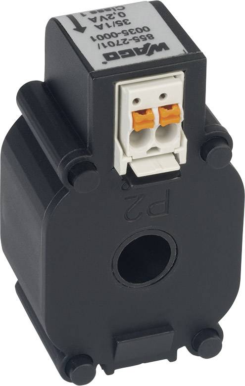 Black, cylindrical current sensor from WAGO with two orange-white terminals on top.