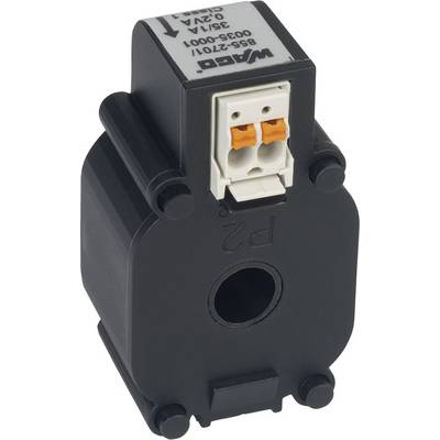 Black, cylindrical current sensor from WAGO with two orange-white terminals on top.