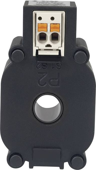 Black current transformer with a rectangular housing and a circular opening in the centre, with two orange plug connectors on top.