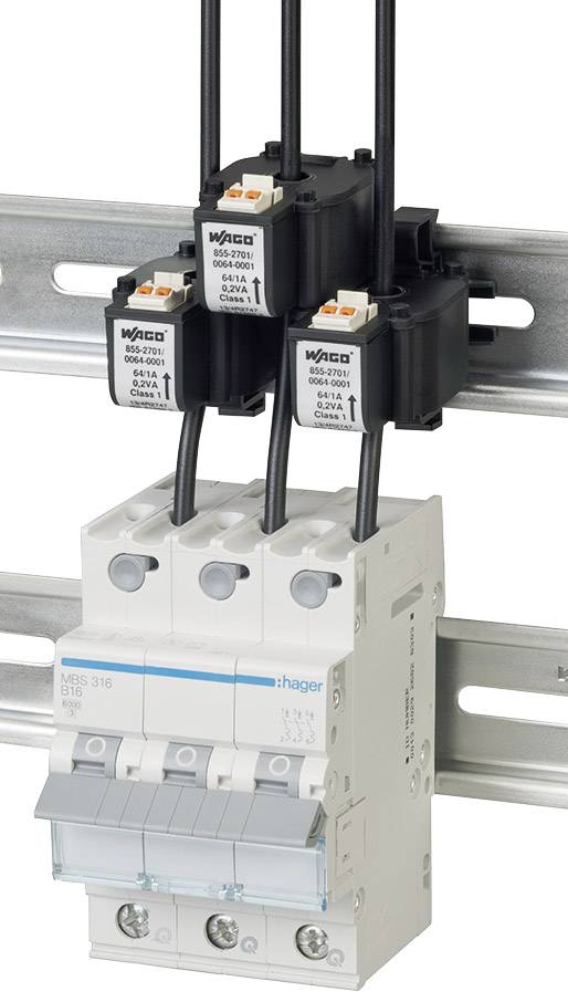 A three-pole circuit breaker by Hager with three connected WAGO terminals mounted on a DIN rail.