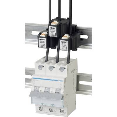 A three-pole circuit breaker by Hager with three connected WAGO terminals mounted on a DIN rail.