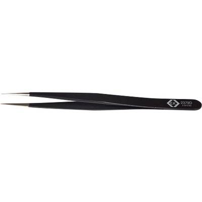 Black precision metal tweezers with a fine tip and a logo on the side, suitable for delicate work or workshop requirements.