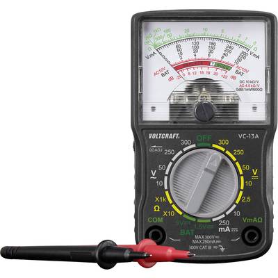 Analogue voltage tester with scale, rotary dial for settings, red and black test probes. Displays voltage readings.