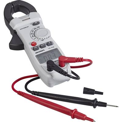 A digital multimeter with current clamps and test leads, with a measurement reading displayed on the screen.