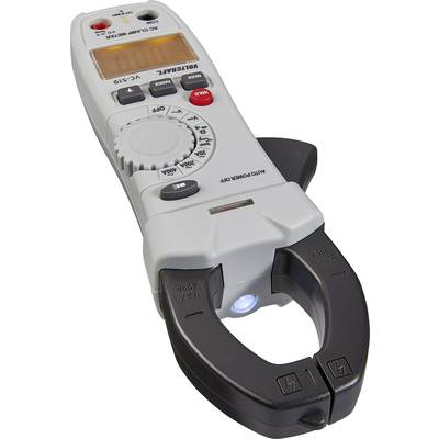 Digital clamp meter in grey, equipped with rotary dial and LED display, for current and voltage measurements.