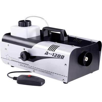 Fog machine with black casing and white tank. Model 'A-1200'. Comes with remote control for operation.