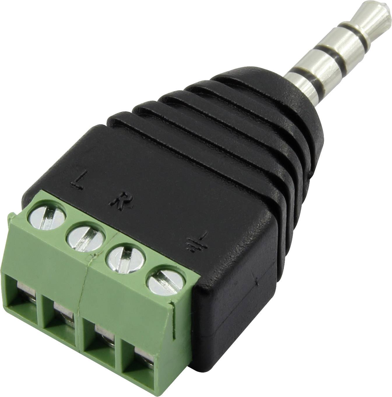 3.5 mm stereo jack plug to terminal block adapter, three screw terminals, black-green. Suitable for speaker connections.