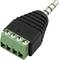 3.5 mm stereo jack plug to terminal block adapter, three screw terminals, black-green. Suitable for speaker connections.