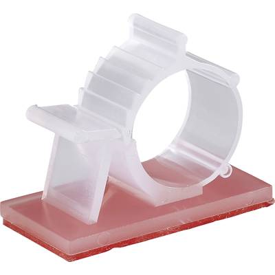 A transparent, ring-shaped plastic holder on a red base, presumably for organising cables or other small items.